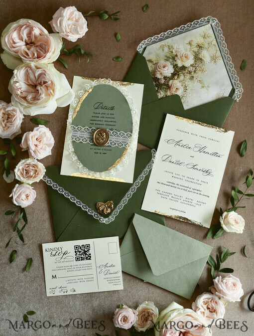 WEDDING INVITATIONS vintage lace/ rustic lace ivory lace Personalized Golden Wedding invitations Vintage Lace Invites golden