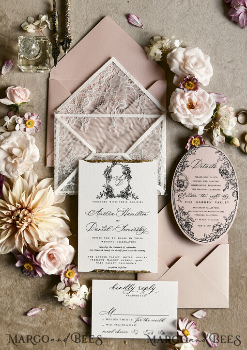 WEDDING INVITATIONS vintage Spitze / rustikale Spitze Luxuriöse französische Spitzenhochzeitskarten Elegante Elfenbein barocke Hochzeitsinvitation Suite