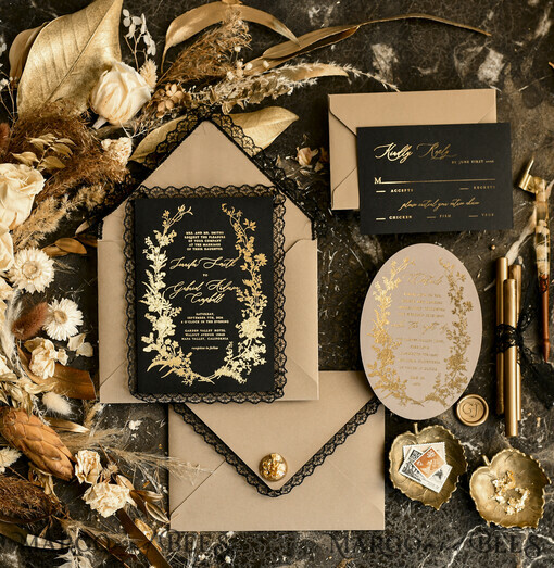 WEDDING INVITATIONS vintage lace/ rustic lace Black lace Personalized Golden Wedding invitations Vintage Lace Invites golden
