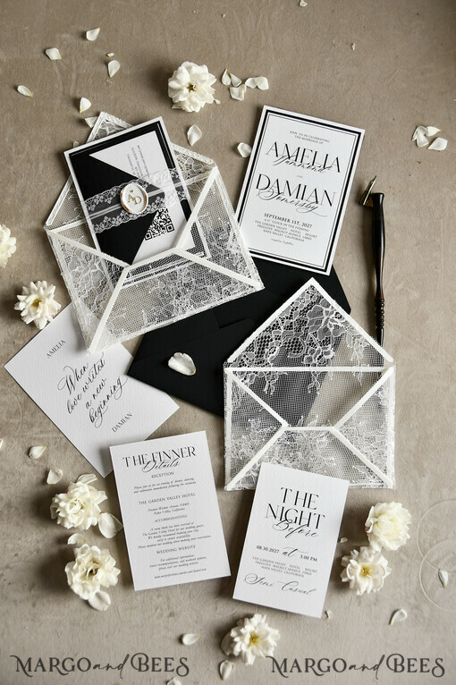 WEDDING INVITATIONS vintage lace/ rustic lace Luxury French Lace Wedding Invitations with Double Envelope | Elegant Black & Ivory Wedding Invitation Suite