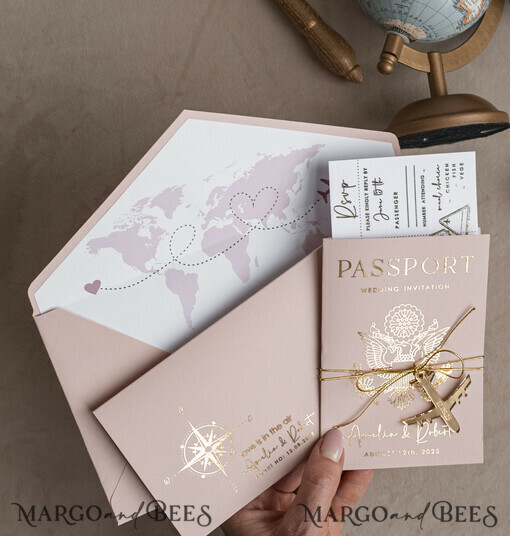 WEDDING INVITATIONS passport to love/ beach wedding invites  Gold Bluh pink Passport Wedding Invitation, Golden Wedding Cards Boarding Pass, Travel Passport Wedding Invitations Abroad, Destination Wedding Invites, Travel Map Wedding Stationary