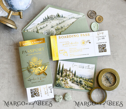 WEDDING INVITATIONS Pass zur Liebe / Strandhochzeits-Einladungen Sage Green Passagier Hochzeitseinladung, Hochzeitskarten Boarding Pass, Toskana Passagier Hochzeitseinladungen im Ausland, Destination Hochzeitseinladungen, Reisekarten Hochzeitspapeterie