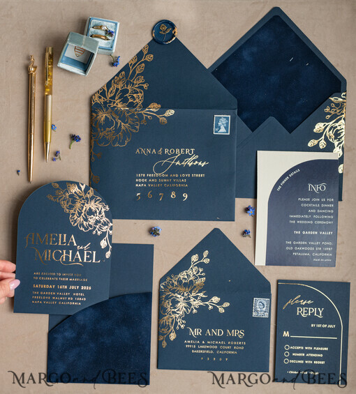 WEDDING INVITATIONS gold / rose gold / silver / glitter Elegant Arch Wedding Invitations Navy Blue, Velvet Pocket Dark blue Gold Modern Wedding, Wedding Invitation Suite, Arch Velvet Pocket Invitation set