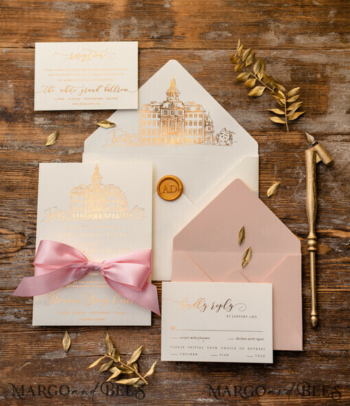 WEDDING INVITATIONS gold / rose gold / silver / glitter  Luxury Gold Foil Wedding Invitations, Elegant Customized Venue Sketch Wedding Invites, Glamour Golden Shine Wedding Cards, Minimalistic Blush Pink Wedding Invitation Suite