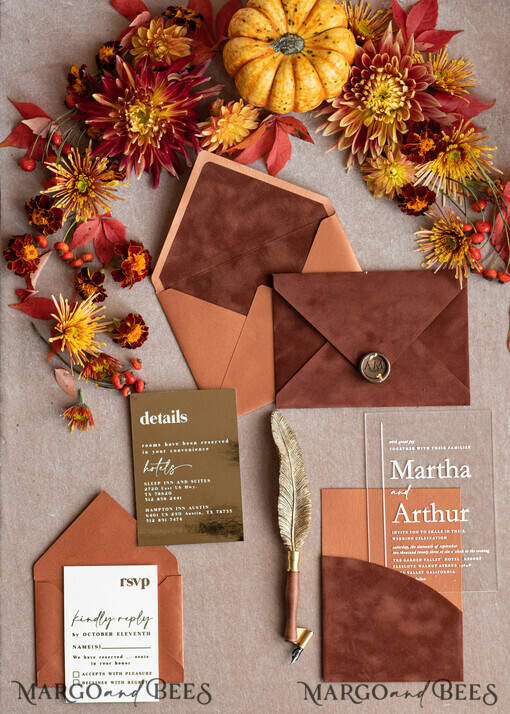 WEDDING INVITATIONS gold / rose gold / silver / glitter Bespoke Terracotta  wedding invitations,  Boho Pocket Acrylic  Wedding Invitations, Rust & Gold Velvet Wedding Invitation Suite, Burnt Orange Wedding Cards