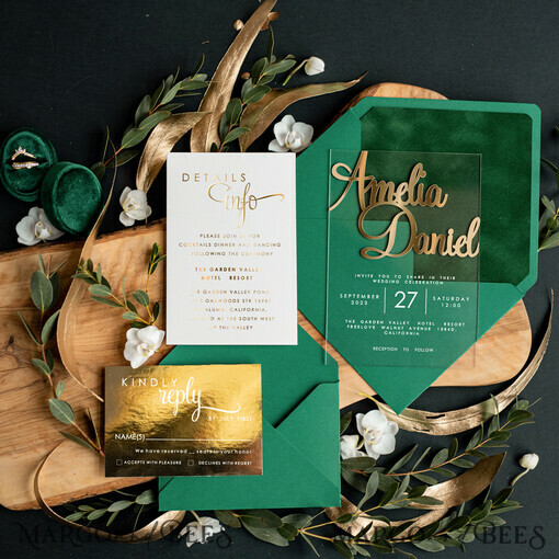 WEDDING INVITATIONS gold / rose gold / silver / glitter Gold Green Acrylic Wedding invitations, Glamour Velvet Wedding Invitation Suite • Golden Greenery Wedding Stationery • Luxury Emerald Green Wedding Invites