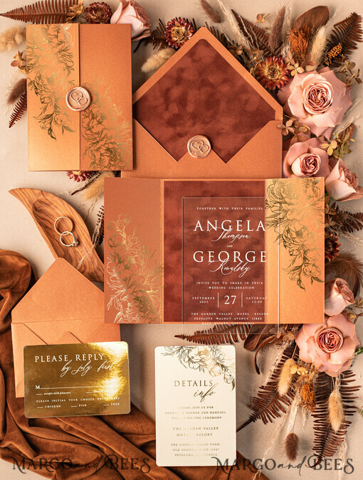 WEDDING INVITATIONS gold / rose gold / silver / glitter Bespoke Acrylic Gold wedding invitation, Glamour Velvet Terracotta Wedding Invitations • Golden Shine Plexi Wedding Invitation Suite • Luxury Wedding Cards wax seal Copper