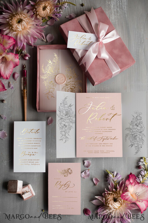 WEDDING INVITATIONS gold / rose gold / silver / glitter Luxury Pink Velvet Wedding Invitations, Glamour Velvet Box Wedding Invitation Suite, Glamour Golden Shine Wedding Cards, Elegant Blush Pink Wedding Invites