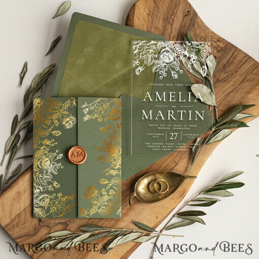 WEDDING INVITATIONS gold / rose gold / silver / glitter Acrylic Wedding Invitations cards, glamour Velvet olive green Wedding invitations designs, Italian Wedding invitation template Green Olive Branch