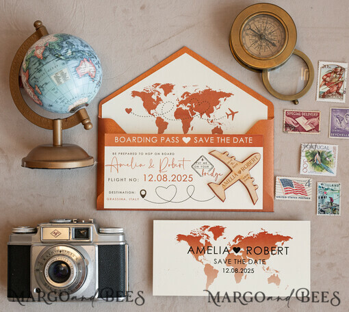 SAVE THE DATES Strand-Reise-Magnete Terrakotta Holzflugzeugmagnet Save The Date Karten Boardingpass Reise Flugzeug Save the Dates Zielhochzeitsmagneten