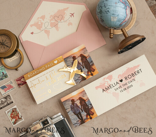 SAVE THE DATES Strand-Reise-Magnete Blush Pink goldener Flugzeugmagnet Save The Date Karten Boardingpass Reise Flugzeug Save The Dates Hochzeitsmagnete