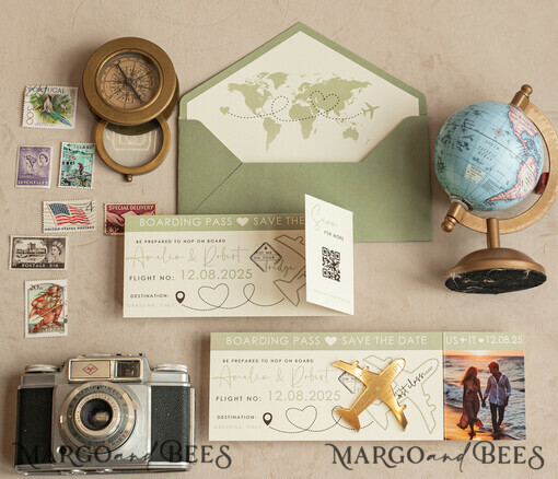 SAVE THE DATES Strand-Reise-Magnete Salbeigrüner goldener Flugzeugmagnet Save The Date Karten Boardingpass Reise Flugzeug Save the Dates Hochzeitsmagnete