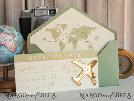 SAVE THE DATES Strand-Reise-Magnete Salbeigrüne goldene Flugzeugmagnet Save The Date Karten Boardingpass Reise Flugzeug Save the Dates Zielhochzeitsmagneten