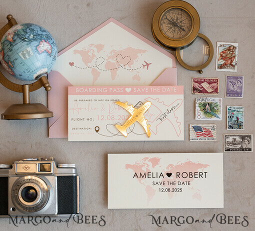 SAVE THE DATES Strand-Reise-Magnete Rosa Blush goldene Flugzeugmagnet Save The Date Karten Boardingpass Reise Flugzeug Save The Dates Hochzeitsmagnete