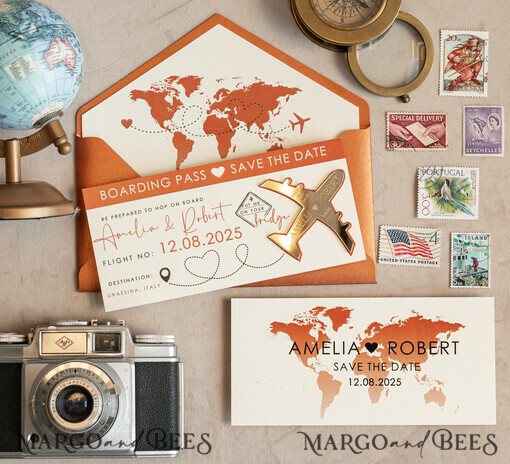 SAVE THE DATES Strand-Reise-Magnete Terrakotta goldener Flugzeugmagnet Save The Date Karten Bordkarte Reise Flugzeug Save the Dates Destination Hochzeit Magnete