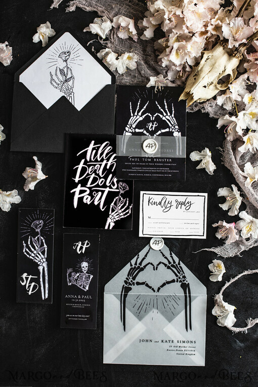 WEDDING INVITATIONS Modern Invites Floral Cards Halloween Wedding Invitations Suite, Black Invitations, Spooky Halloween Invites Gothic Wedding Invitation Cards, Skeleton Wedding Set black