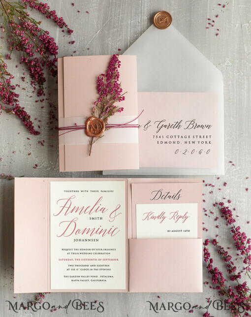 WEDDING INVITATIONS Modern Invites Floral Cards  Romantic Blush Pink Wedding Invitations, Elegant Wedding Invitation Suite With Heather, Delicate Vellum Wedding Invites, Minimalistic Wedding Cards