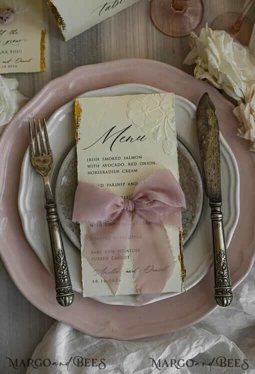 MENU & PROGRAMS romantic Embossed Floral Wedding Menu, Luxury Ecru Dinner Menu, Chiffon Ribbon Wedding Menu, Elegant Reception Menu Cards