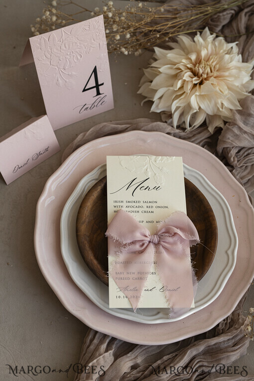MENU & PROGRAMS romantic Embossed Floral Wedding Menu, Luxury Ecru Dinner Menu, Chiffon Ribbon Wedding Menu, Elegant Reception Menu Cards