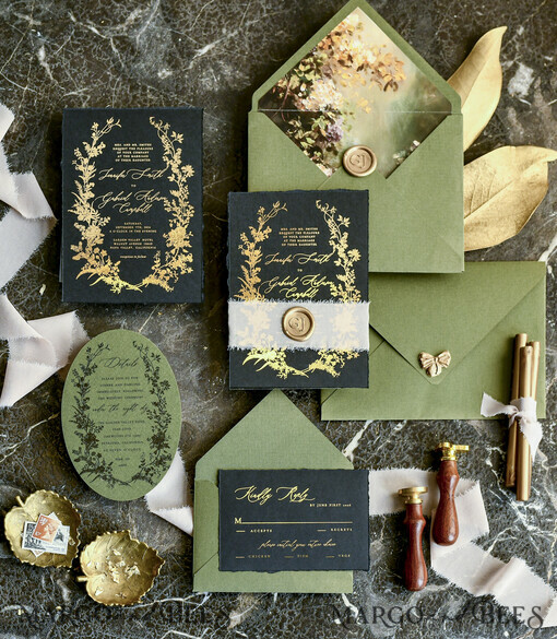 WEDDING INVITATIONS modern calligraphy / fine art Sage green  Fine Art Wedding Invitations with Gold Leaf, Deckled Edges, RSVP  qr code Silk Ribbon Bespoke Elegant Wedding Suite