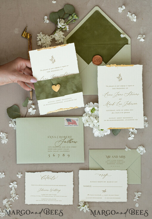 WEDDING INVITATIONS moderne Kalligraphie / feine Kunst Feine Kunst Gold & Salbeigrüne Hochzeitseinladung, Samtgoldene Ränder Hochzeitseinladungen, Vintage Gold Einladungsset, Zerfledderte Ränder Hochzeitseinladung mit RSVP