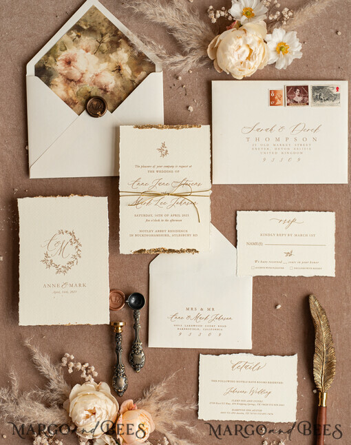 WEDDING INVITATIONS modern calligraphy / fine art Fine Art Ivory Gold Wedding Invitation, Floral Wedding Invitation, Tuscany Italian Invitation suite, Wreath Monogram wedding invitation suite, Deckled Edge Invites, Torn Edge Wedding Invitations golden, Fine Art Wedding Invitation Suite, Deckled Edge Paper