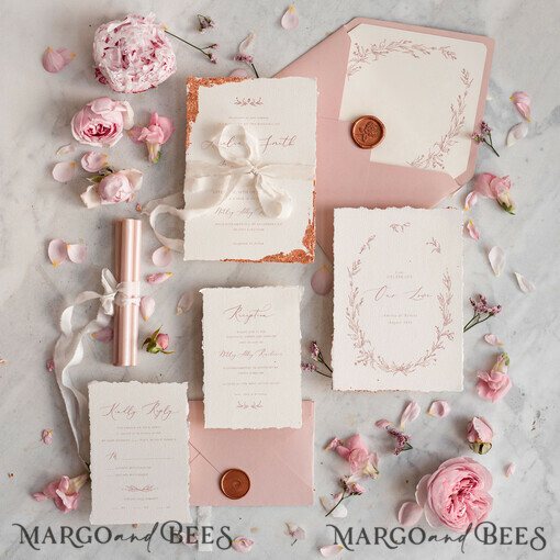 WEDDING INVITATIONS modern calligraphy / fine art Fine Art Ivory Gold Wedding Invitation, Floral Wedding Invitation, Vintage Invitation suite, Blush Pink wedding invitation suite, Deckled Edge Invites