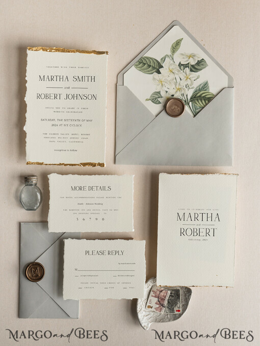 WEDDING INVITATIONS moderne Kalligraphie / feine Kunst Elfenbein Gold Hochzeitseinladung, Blumen Hochzeitseinladung, Toskana Italien Einladungset, Kranz Monogramm Hochzeitseinladungset, Ausgerissene Kanten Einladungen, Zerrissene Kanten Hochzeitseinladungen golden, Fine Art Hochzeitseinladungset, Ausgerissene Kanten Papier