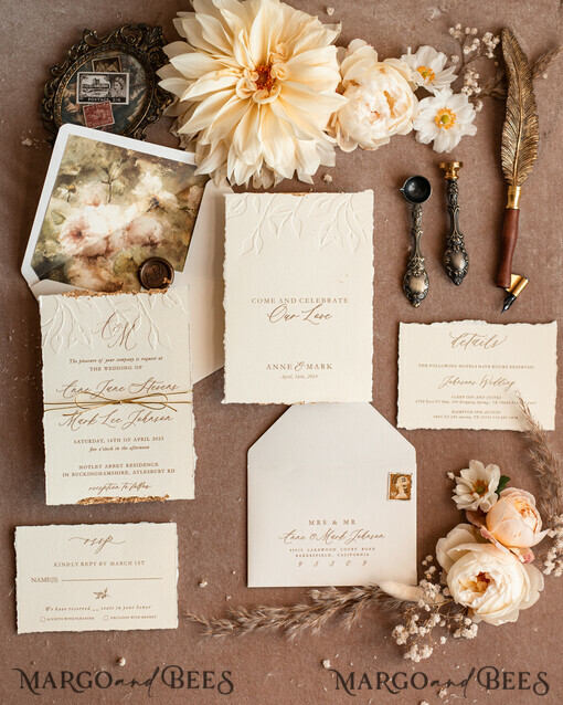 WEDDING INVITATIONS modern calligraphy / fine art Embossed Ivory Gold Wedding Invitation, Floral Wedding Invitation, Tuscany Italian Invitation suite, Wreath Monogram wedding invitation suite, Deckled Edge Invites, Torn Edge Wedding Invitations golden, Fine Art Wedding Invitation Suite, Deckled Edge Paper