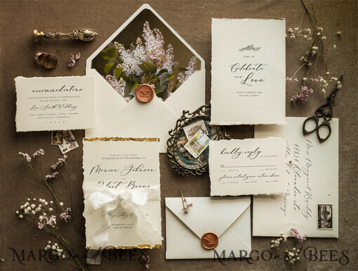 WEDDING INVITATIONS modern calligraphy / fine art Ivory Gold Wedding Invitation, Floral Wedding Invitation, Tuscany Italian Invitation suite, Wreath Monogram wedding invitation suite, Deckled Edge Invites, Torn Edge Wedding Invitations golden, Fine Art Wedding Invitation Suite, Deckled Edge Paper