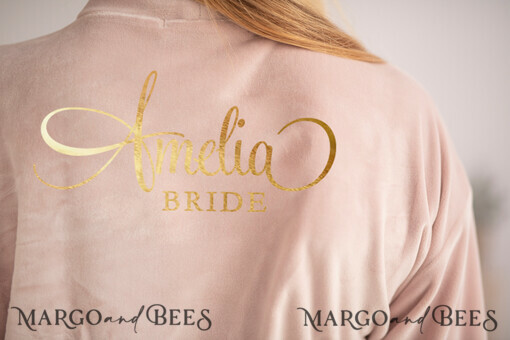 NEWLY WEDS COUPLE GIFTS Bride gifts Velvet blush wedding robe with personalized inscription, Blush pink wedding Robe with gold foil, Elegant Personalized Wedding Robe