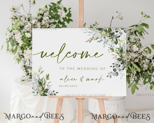 Watercolor Greenery Wedding Welcome & Seating Chart Board Sign Set