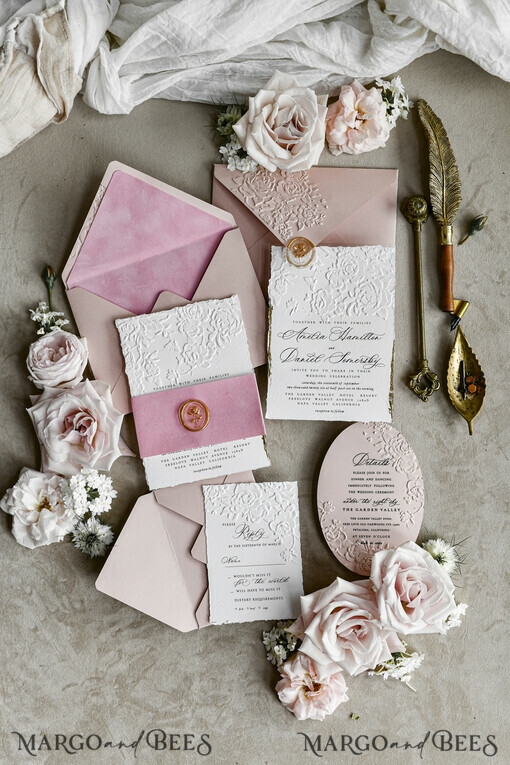 WEDDING INVITATIONS embossed invites Blush Pink Velvet Wedding Invitations – Embossed Floral Invitations with Deckled Edges, Wax Seal & Fine Art Paper