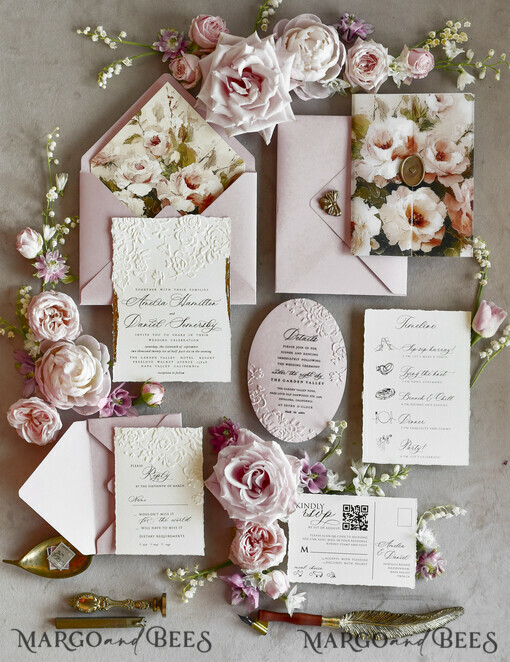 WEDDING INVITATIONS embossed invites Blush Pink Floral Wedding Invitations – Fine Art Invitations with Embossed Details, Floral Envelope Liners