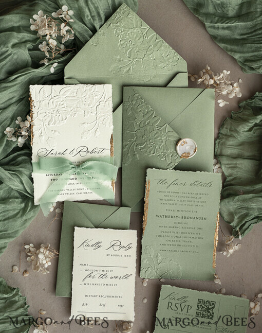 WEDDING INVITATIONS embossed invites  Bespoke Embossed Blind Sage green Gold Wedding Invitation, Golden greenery deboss Roses Floral Wedding Invitation, Boho Ecru Garden Debossed Invitation suite,  Cotton paper wedding invitation suite, Deckled Edge Invites, Torn Edge Wedding Invitations golden