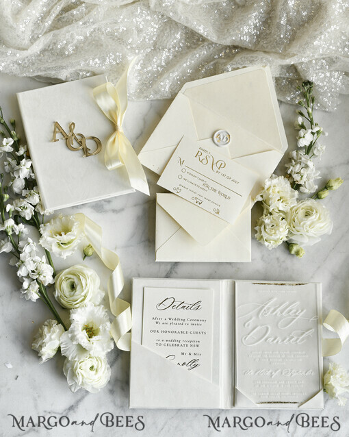 WEDDING INVITATIONS Plexiglas Acrylspiegel Samtene Cover Klare Hochzeitskarten, elegante staubblaue Hochzeitskarten, Acrylhochzeits-Einladungen, Spiegelgold Plexi Einladungssatz