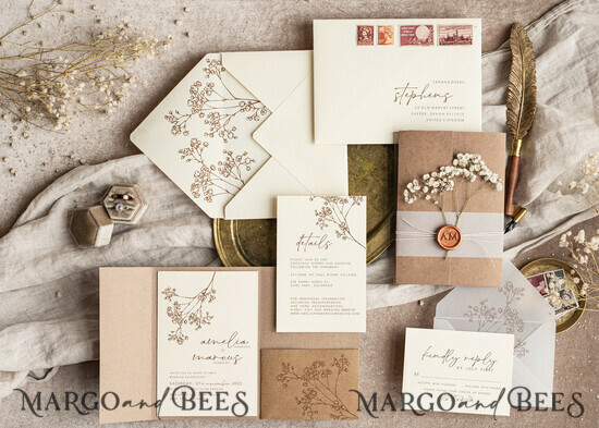 WEDDING INVITATIONS rustic / country / shabby chick Natural baby breath flowers wedding invitation suite, Minimalistic rustical wedding invitations set, eco invitation set, Beige Modern boho wedding invites 02/rusG/z