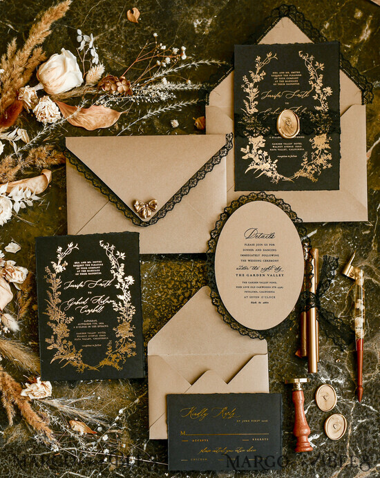 WEDDING INVITATIONS vintage lace/ rustic lace Black lace Personalized Golden Wedding invitations Vintage Lace Invites golden 04/laceSer/z