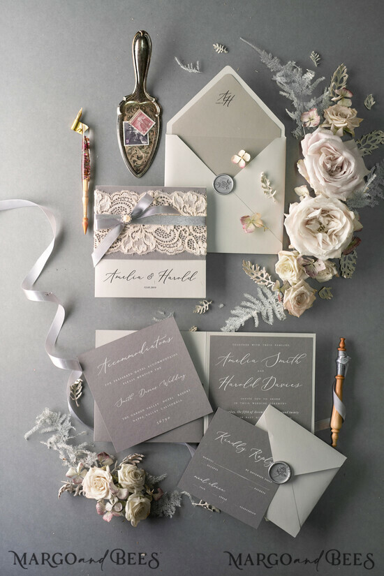 WEDDING INVITATIONS vintage lace/ rustic lace Vintage Lace  Wedding Invitations Elegant Grey Ivory ribbon and Bow  06/LACEA/Z