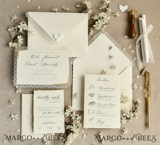 WEDDING INVITATIONS vintage lace/ rustic lace Personalized Golden Wedding invitations Vintage Lace Invites Ivory 01/laceD/z