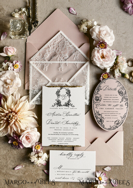 HOCHZEITS EINLADUNGEN vintage Spitze / rustikale Spitze Luxuriöse französische Spitzenhochzeitskarten Elegante Elfenbein barocke Hochzeitsinvitation Suite 03/lacenvD/z