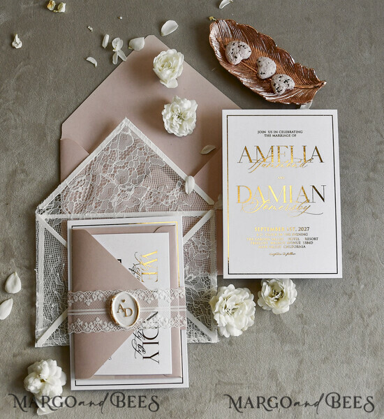 WEDDING INVITATIONS vintage lace/ rustic lace Luxury French Lace Wedding Invitations with Double Envelope Black & Gold Wedding Invitation Suite 01/lacenvD/z