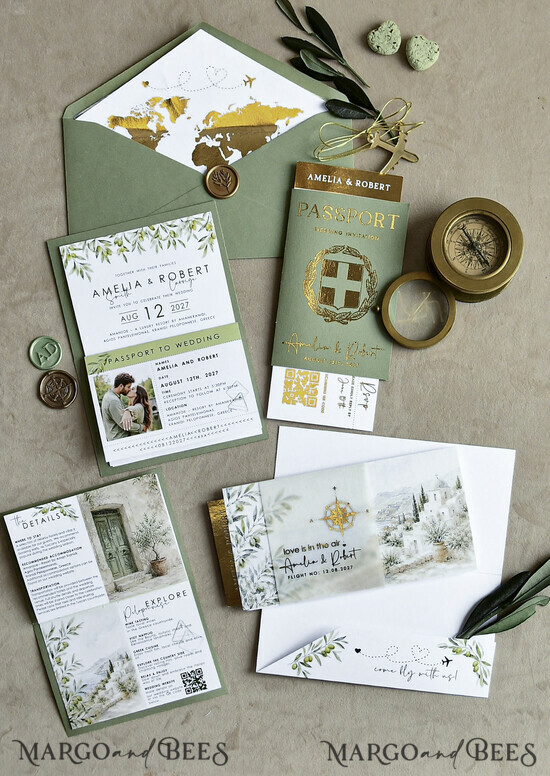 WEDDING INVITATIONS passport to love/ beach wedding invites  Sage Green Passport Wedding Invitation, Wedding Cards  Boarding Pass,  Tuscany Passport Wedding Invitations  Abroad, Destination Wedding Invites, Travel Map Wedding Stationary 01/passH/z