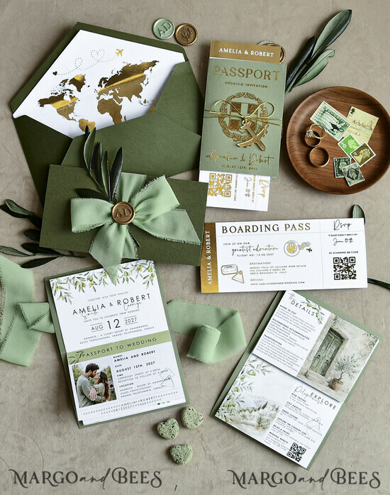 WEDDING INVITATIONS passport to love/ beach wedding invites  Gold Sage green Passport Wedding Invitation, Golden Wedding Cards Boarding Pass, Greenry Travel Passport Wedding Invitations Abroad, Destination Greece Wedding Invites, Tuscany Travel Map Wedding Stationary Italy World map  02/passFGP/z