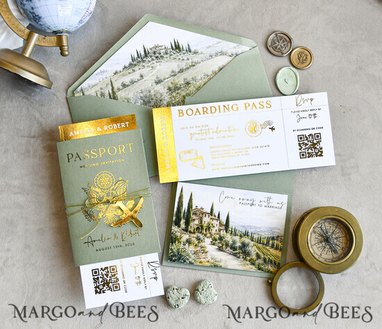 WEDDING INVITATIONS passport to love/ beach wedding invites  Sage Green Passport Wedding Invitation, Wedding Cards  Boarding Pass,  Tuscany Passport Wedding Invitations  Abroad, Destination Wedding Invites, Travel Map Wedding Stationary 01/passH/z