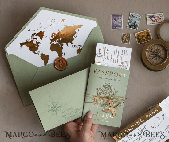 WEDDING INVITATIONS passport to love/ beach wedding invites  Gold Sage green Passport Wedding Invitation, Golden Wedding Cards Boarding Pass, Greenry Travel Passport Wedding Invitations Abroad, Destination Greece Wedding Invites, Tuscany Travel Map Wedding Stationary Italy World map  02/passFG/z