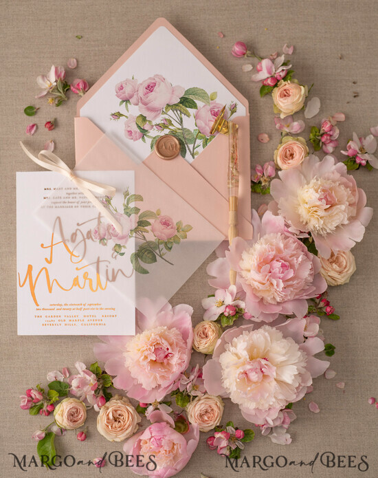 Floral wedding invitations, floral wedding accessories, floral