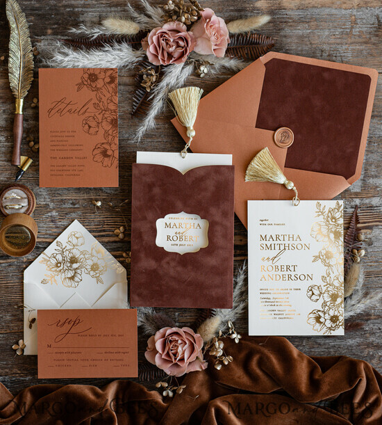 WEDDING INVITATIONS gold / rose gold / silver / glitter  Romantic terracotta Velvet Wedding Invitations, Luxury Gold Foil Wedding Cards, Gold tassel Wedding Invitations 06/goldvelvet/z