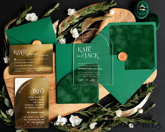WEDDING INVITATIONS gold / rose gold / silver / glitter Arch Gold Acrylic wedding invitation suite, Velvet Pocket  dark green Wedding Invites, Glamour Wedding Invitations 06/velakrylKSZ/z