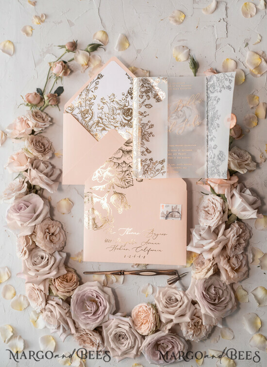 WEDDING INVITATIONS gold / rose gold / silver / glitter  Luxury Plexi Acrylic Wedding Invitations, Elegant Blush Pink Wedding Cards, Glamour Gold Foil Wedding Invites, Bespoke White Vellum Wedding Invitation Suite 1/PAZGOL/Z